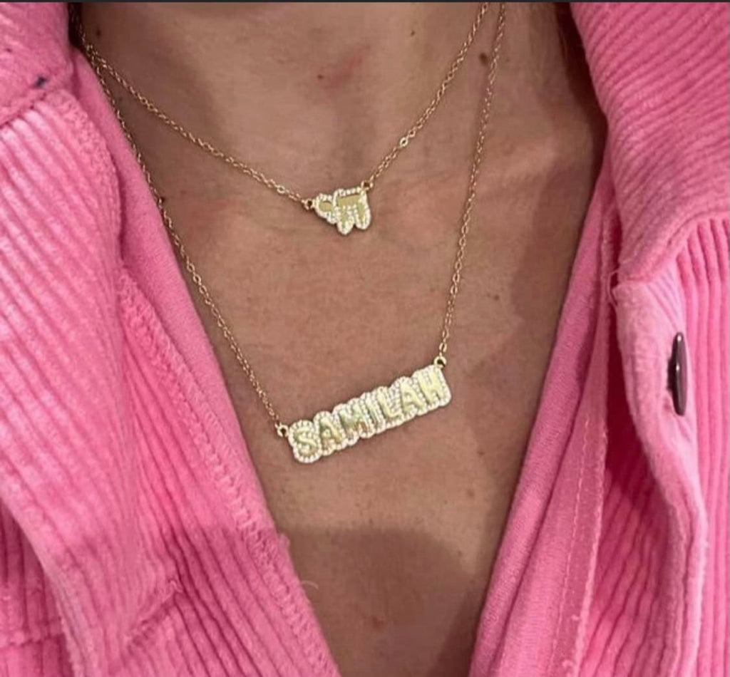 Hebrew - Bubble Name with CZ in Silver, Gold or Rose - JewelsDen
