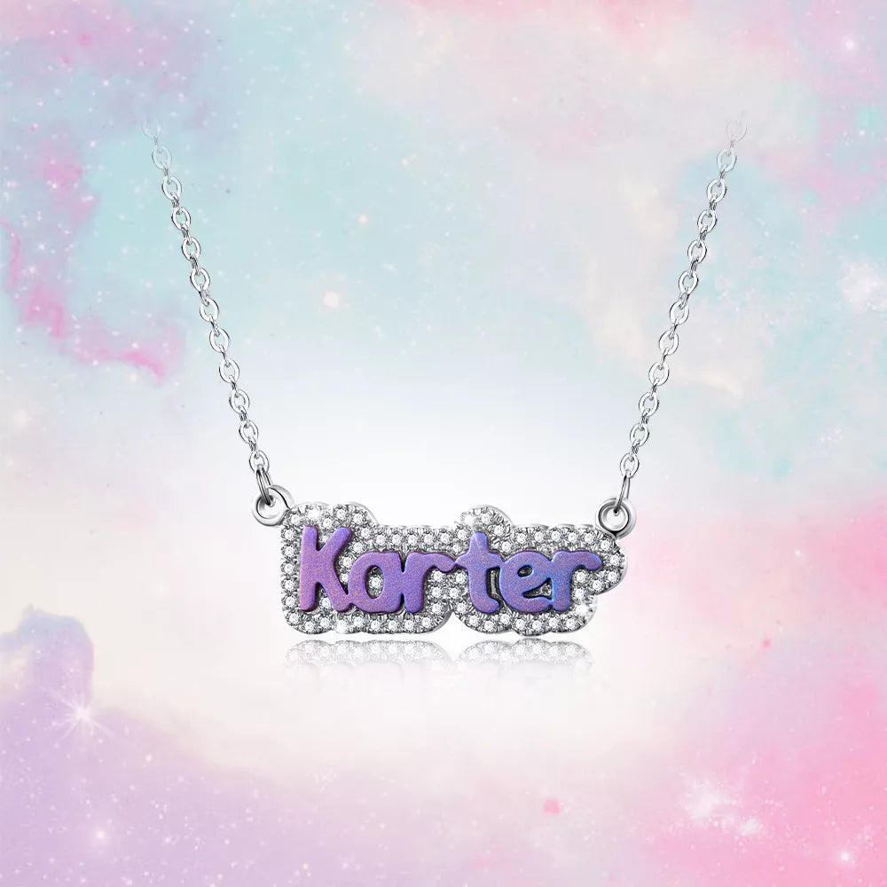 The Karter - Bubble Name in Color with CZ in Silver, Gold or Rose - JewelsDen