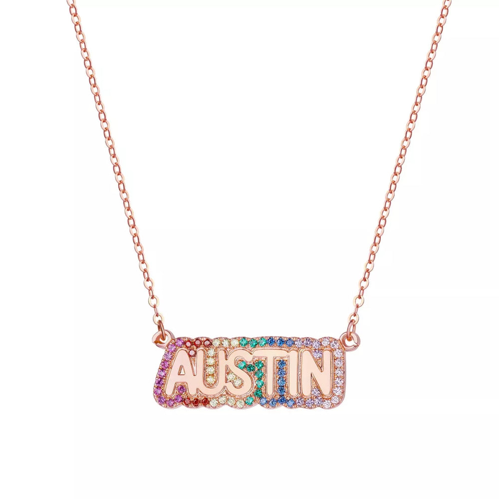 Over the Rainbow - Bubble Name in Color with CZ in Silver, Gold or Rose