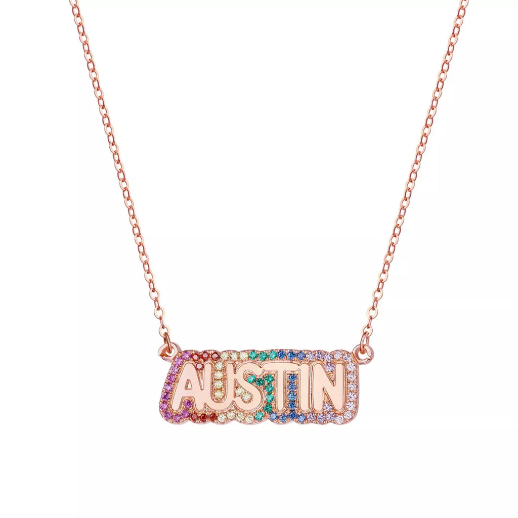 Over the Rainbow - Bubble Name in Color with CZ in Silver, Gold or Rose - JewelsDen