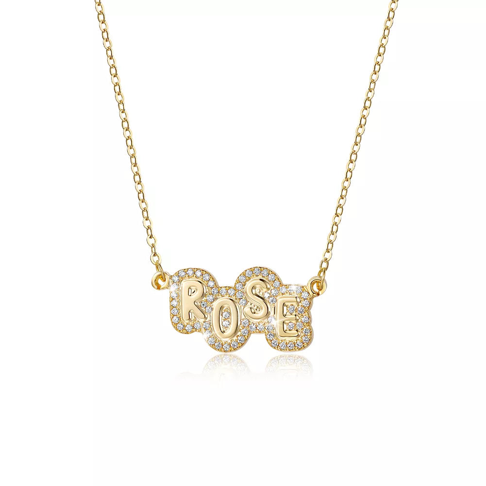The Rose - Bubble Name in Color with CZ in Silver, Gold or Rose