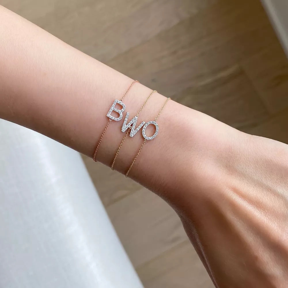 Single Letter - Bracelet with CZ in Silver, Gold or Rose - JewelsDen