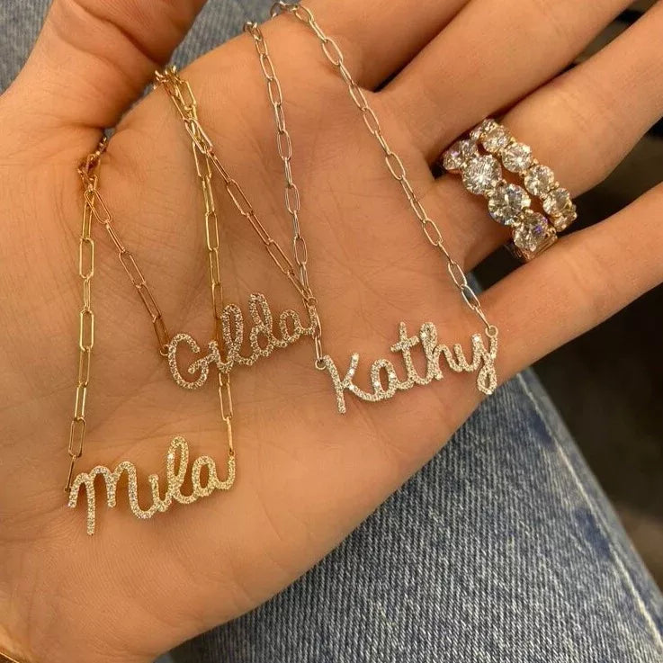 Paperclip - Name with CZ in Silver, Gold or Rose - JewelsDen